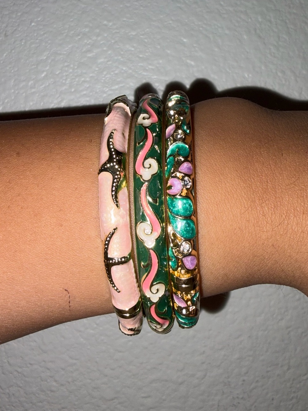 Green and Pink Cloisonné Bangle Bracelet Set — Women Jewelry